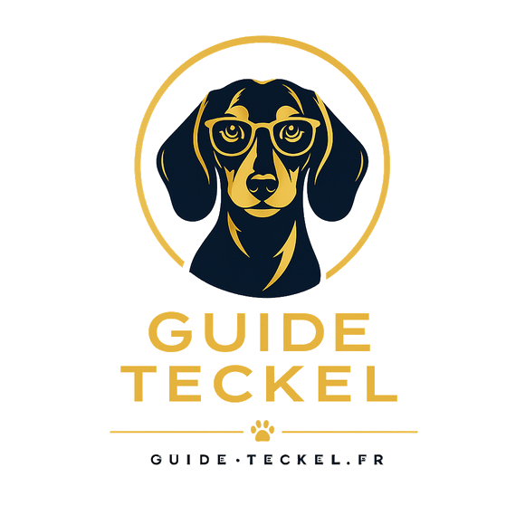 Logo Guide-teckel. Tête Teckel bleu et doré dans un rond doré avec écrit en dessous guide teckel